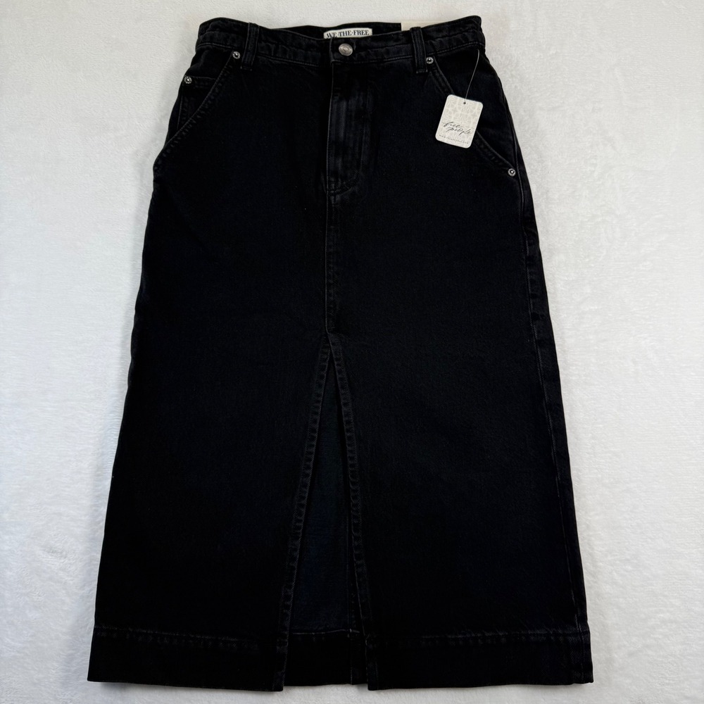 Free People We The Free Black Denim Midi Skirt Front Slit High Rise‎ Size 24 NEW